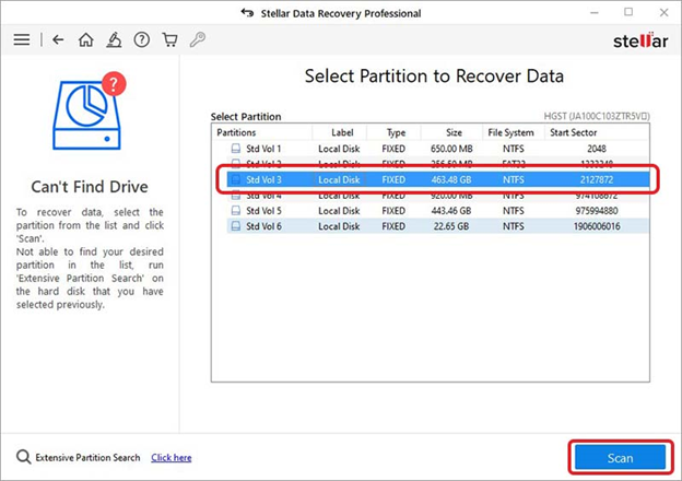 select drive partition to scan