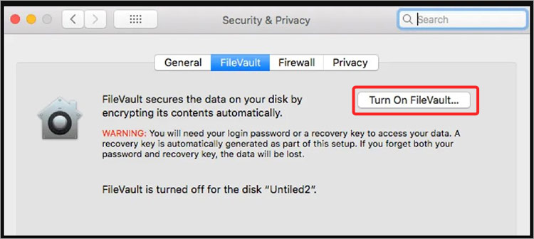 turn on hard drive encryption on mac via file vault