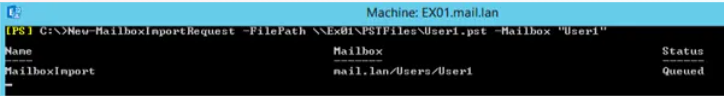 To import PST files via the EMS, you need to use the NewMailboxImportRequest PowerShell cmdlet as given below