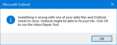 Something is wrong with one of your data files and Outlook needs to close.