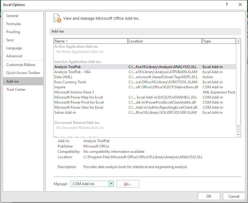 COM Add ins in Excel Options Window