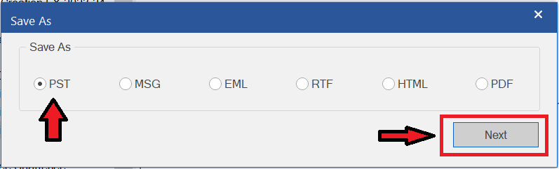 From the Save As window, choose PST and then click Next.