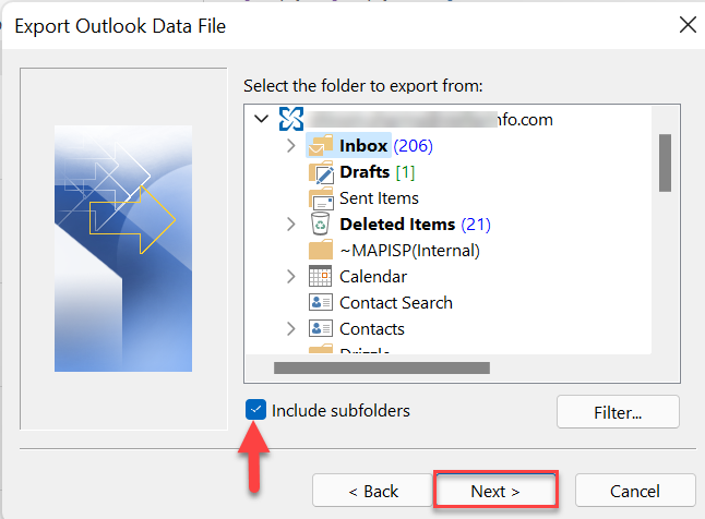 However, if you wish to move specific folders to the PST file, you can select only the desired folders.