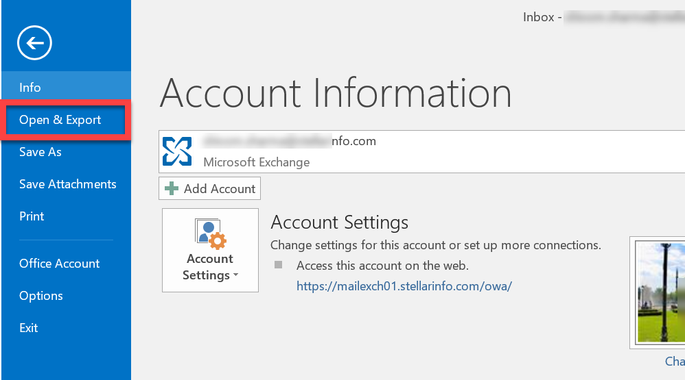 In Outlook, go to File Open and Export.