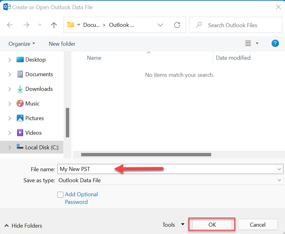 In the window that opens, select a location for the new PST file, enter a name for the new file, and click OK.