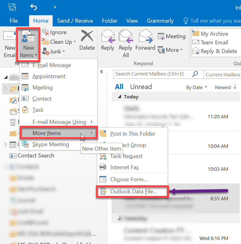 Open Outlook. Navigate to Home New Items More Items Outlook Data File.