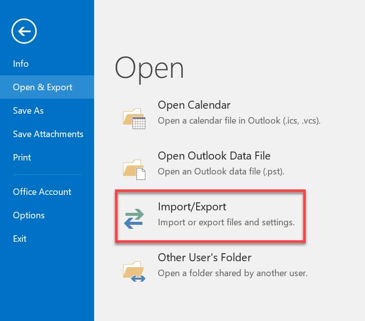 Select Import Export to open the Import and Export Wizard.