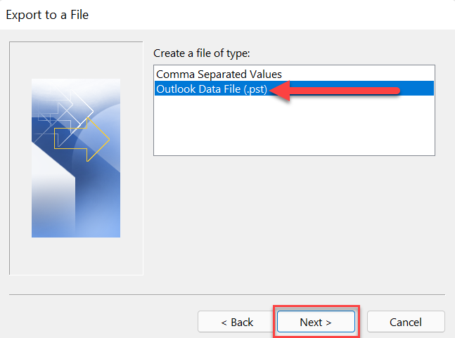 Select Outlook Data File (.pst) and click Next.