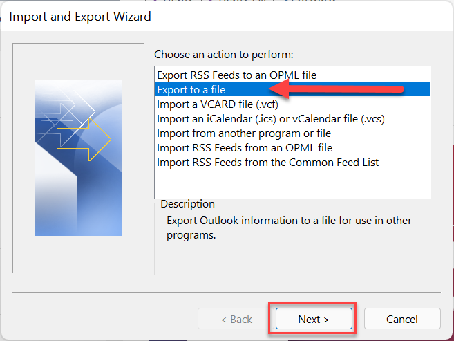 Select the Export to a file option and click Next.