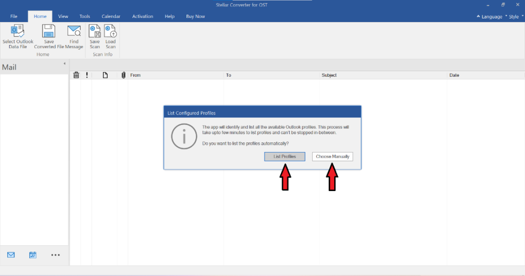 The tool will search and list the OST files from the default location. You can also select the Choose Manually option to select the OST file manually or from another location.