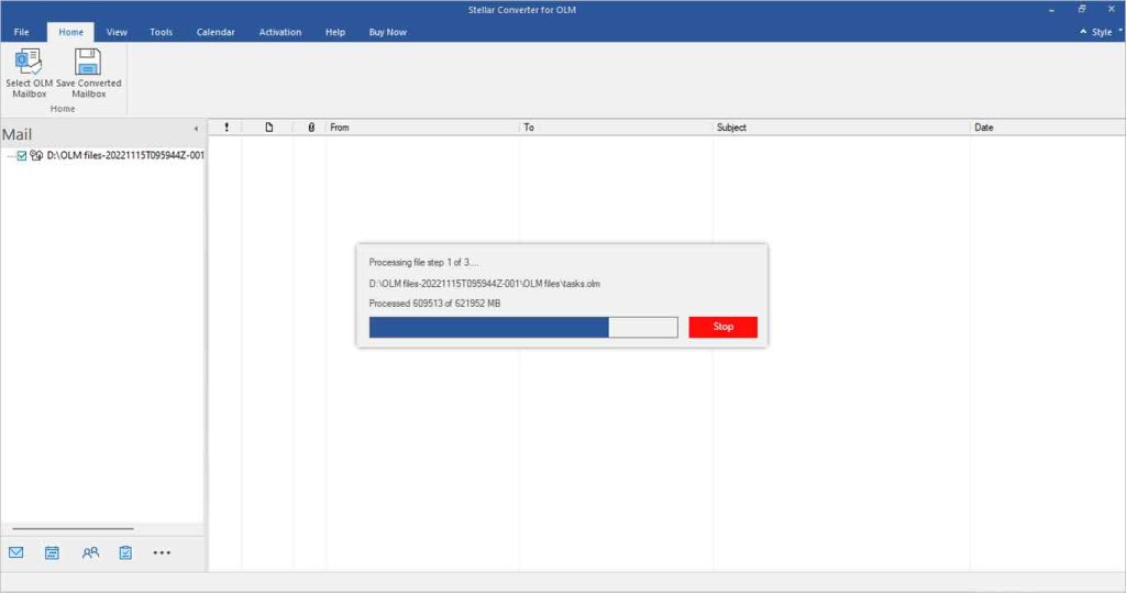 After selecting the OLM file, click Convert. The software starts scanning the selected file.