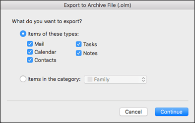 In Export to Archive File (.olm) window, select the items you want to export, and then click Continue