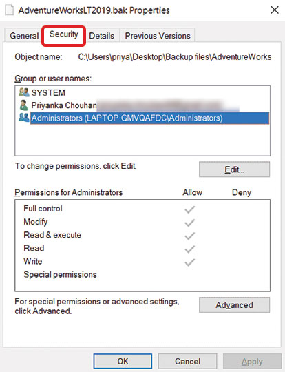 In properties window click security