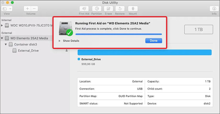 run first aid to repair external hard drive not mounting on mac