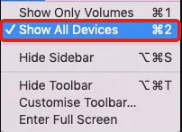 mark show all devices in Disk Utility’s View menu to fix an external hard drive not showing up