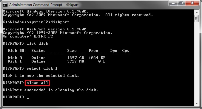 clean disk with command prompt