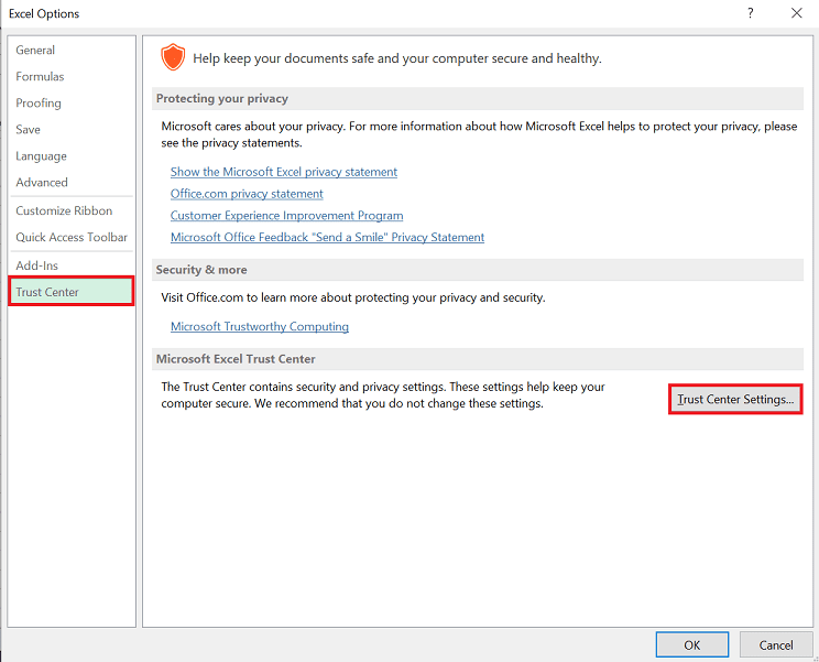 Excel Trust Center Settings