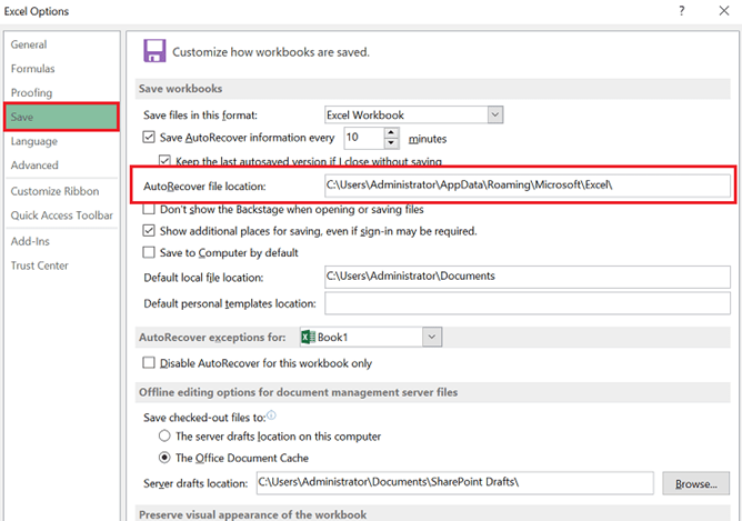 Excel Options Window