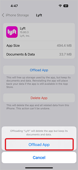 method to offload app in iPhone