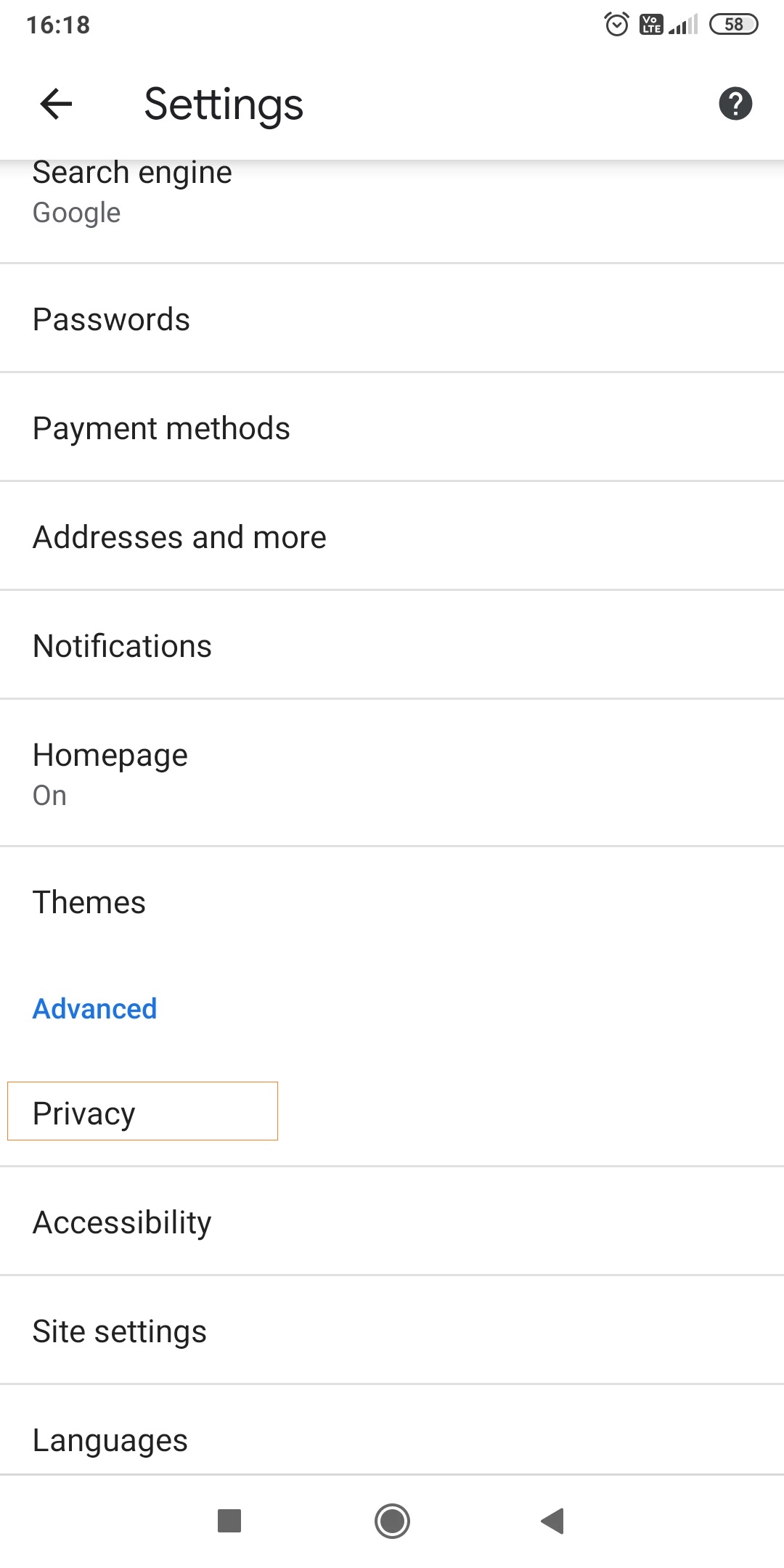 Settings Chrome in Android