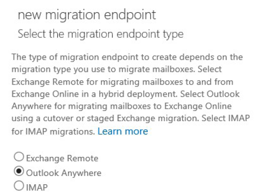 New Migration Endpoint window