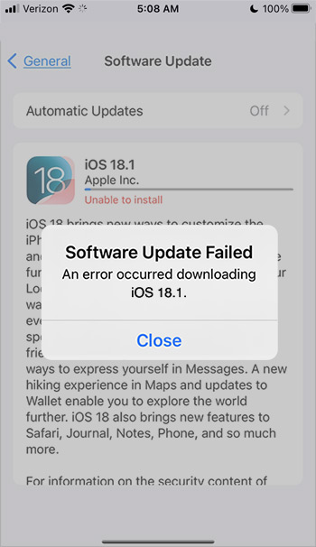 iPhone software update failed error 