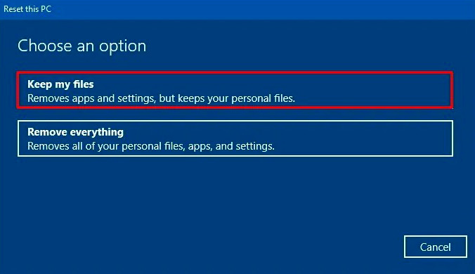 click keep my files or remove everything while resetting windows 10 PC