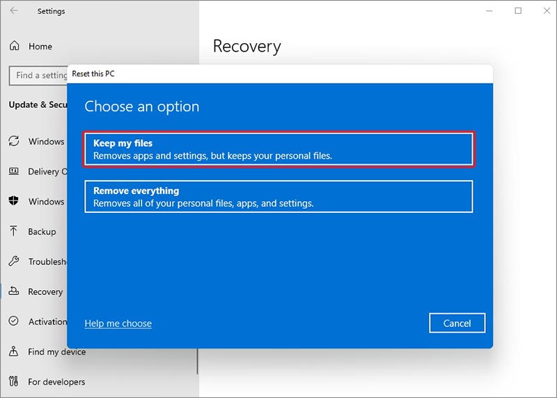 click on keep my files in reset this PC window