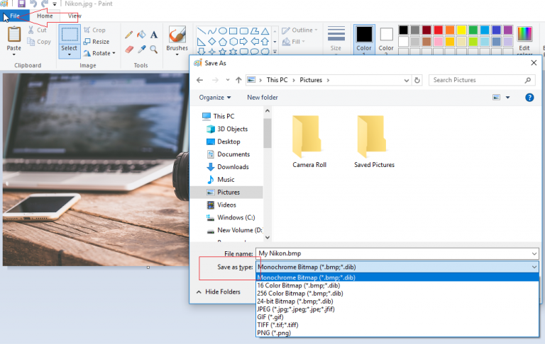 Schritte zum Konvertieren von Bilddateiformaten in Windows Paint