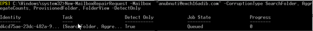 After assigning the required roles and permissions, you can run the New MailboxRepairRequest cmdlet as given below to detect corruption issues in a specific mailbox.