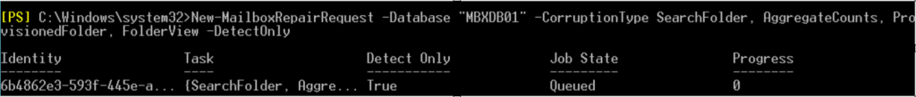 However, if you want to repair all the mailboxes in a database, then you can use the New MailboxRepairRequest with the –Database parameter instead of –Mailbox (see the below example).