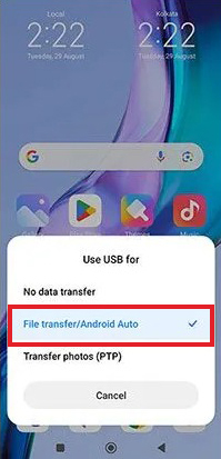 Select File Transfer/Android Auto