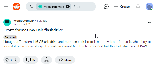 Reddit Format USB Drive issue