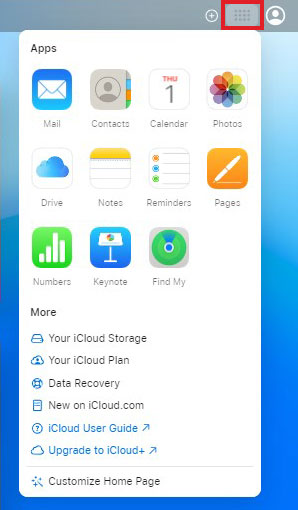 click on the waffle icon to open the apps for which you want to restore data from iCloud backup