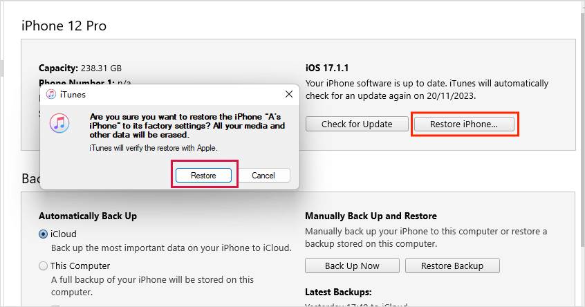 restore iphone itunes