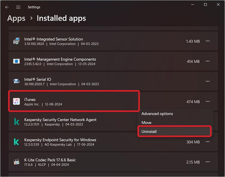 Désinstaller parmi les options