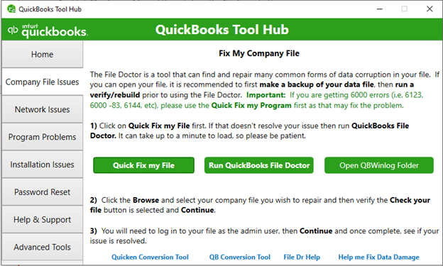 click Company File Issues in Tool hub Window 