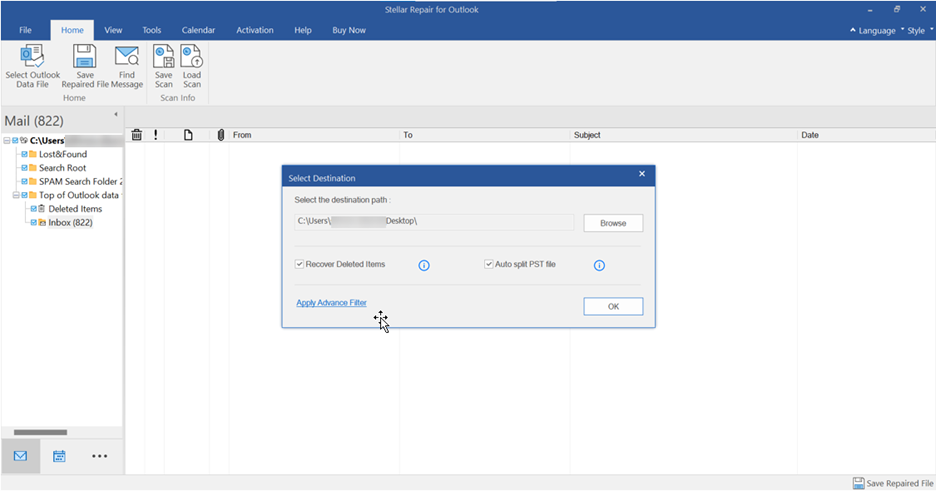 Choose the Recovered Deleted Items and Auto Split PST file