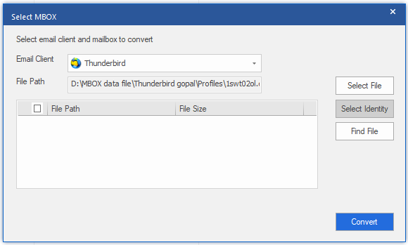 After selecting the email client, click on either Select File or Select Identity. Then, click on Convert.