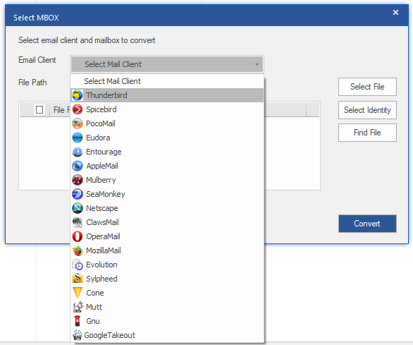 The Select MBOX window will appear. Select the email client from using the Select Mail Client drop down menu.