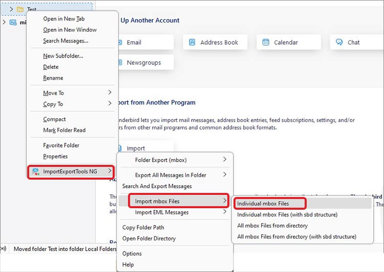 Right-click on the folder you just created, hover over ImportExportTools NG > Import mbox Files, and click on Individual mbox Files.