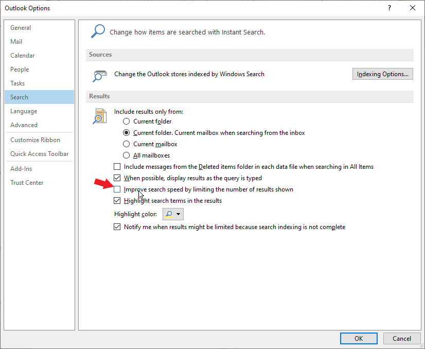 locate missing emails in outlook 2016