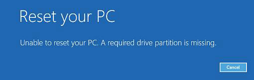 unable to reset pc a required drive partition is missing