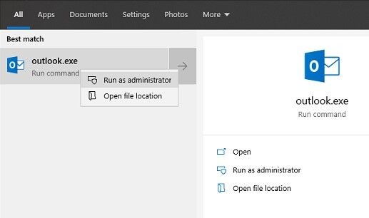 Choose Outlook for Run as an administrator