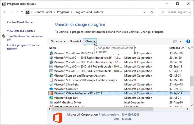 Select Microsoft Office and click Change.