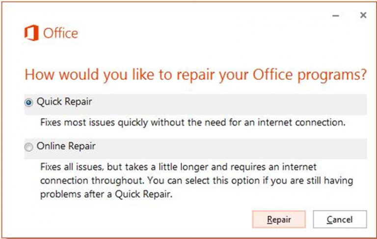 Select the repair option and follow the wizard to repair the MS Office.