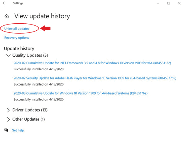 update history Uninstall updates