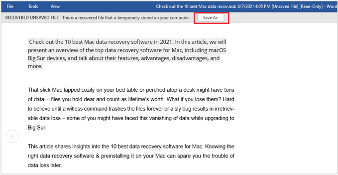 recover unsaved files word for mac