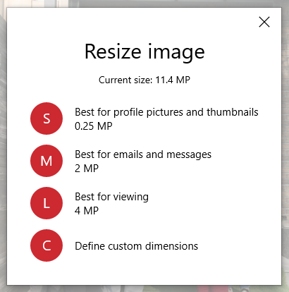 Resize image options in Photos app