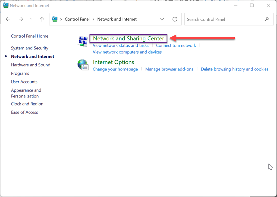 Select Network and Sharing Center